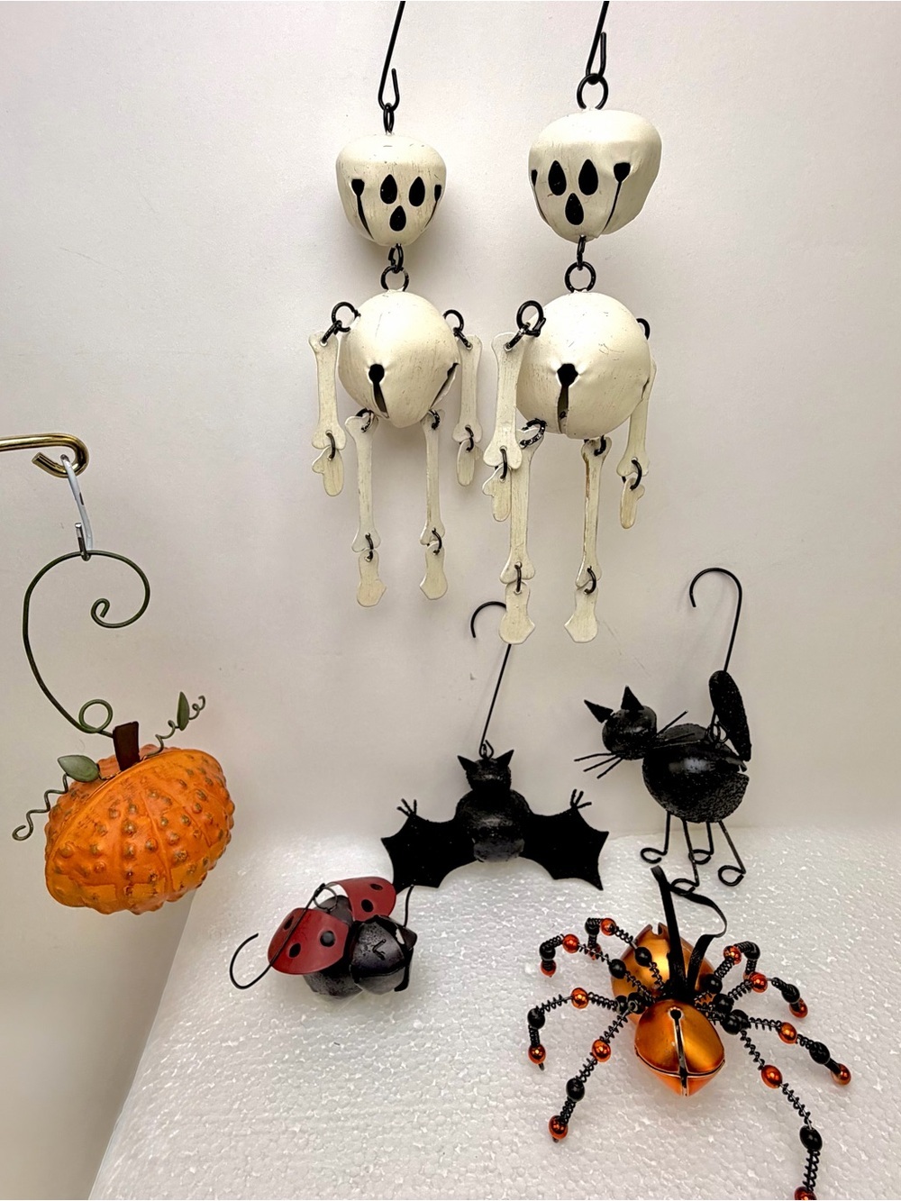 Vintage Halloween Metal Bell Ornament Lot Skeleton Cat Bat Spider Pumpkin Decor